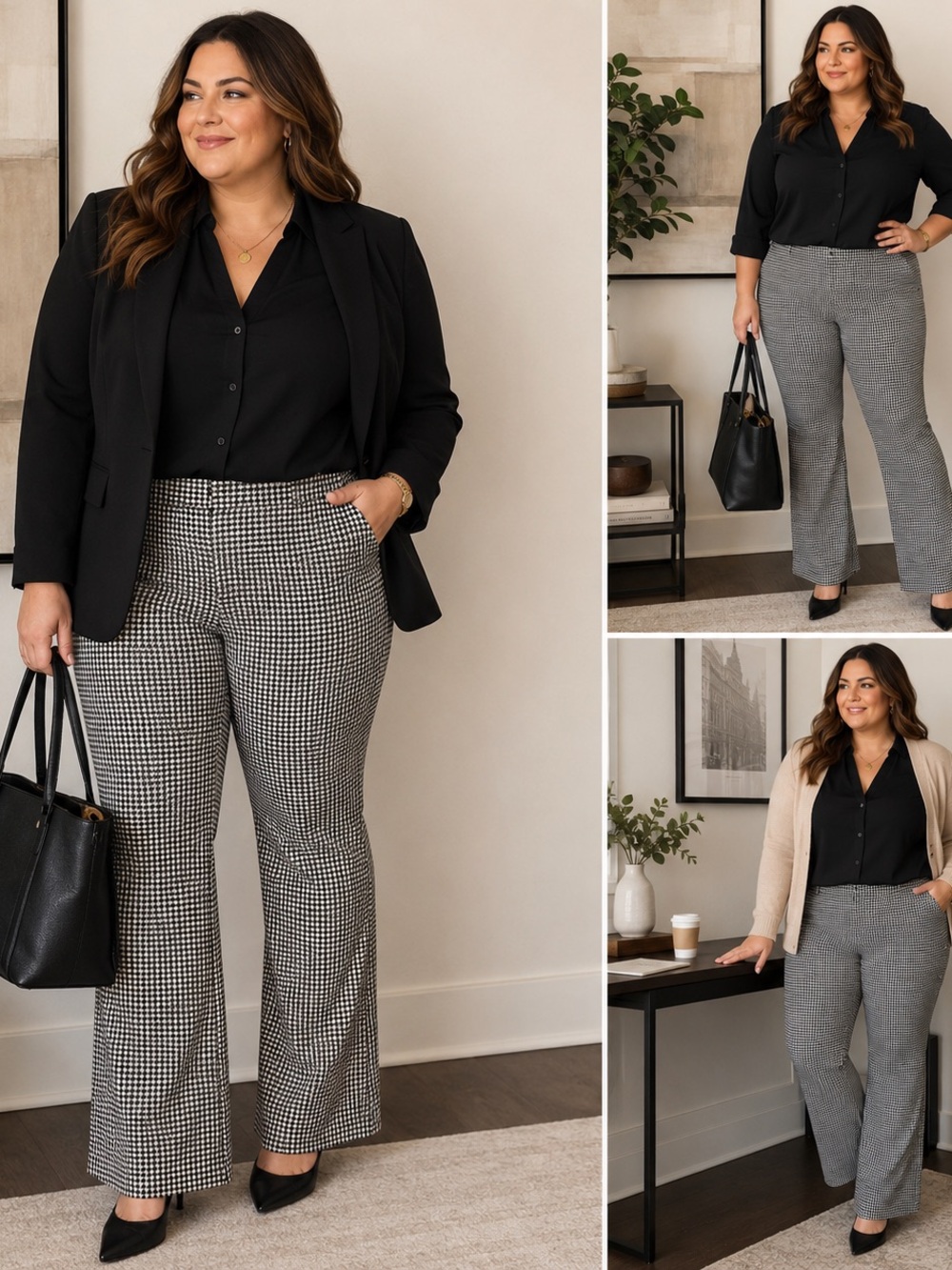 Houndstooth Flare Pants Women’s Plus Size Business Casual Black White Trousers
